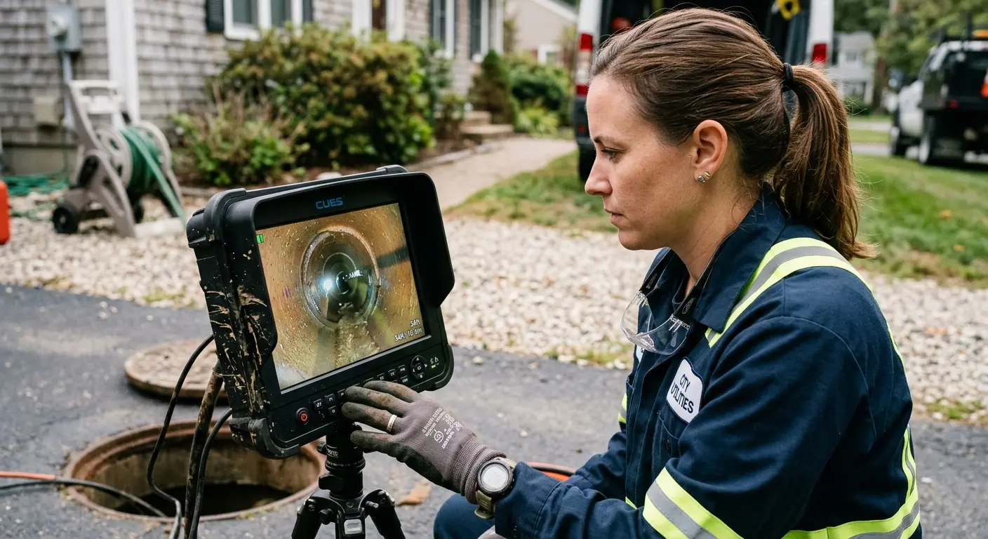 Technician reviewing sewer camera inspection footage in Stafford