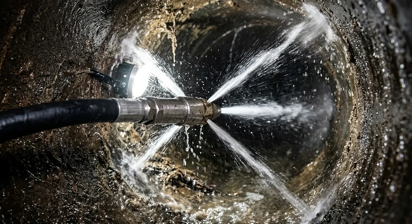 High-pressure hydro jetting nozzle cleaning sewer pipe for Trenchless Sewer Repair in Stafford