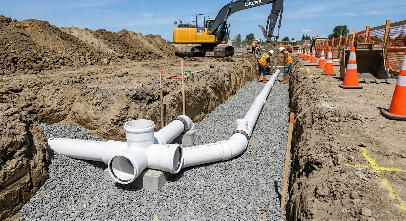 New PVC sewer pipe installation in open trench for Sewer Backup in Stafford